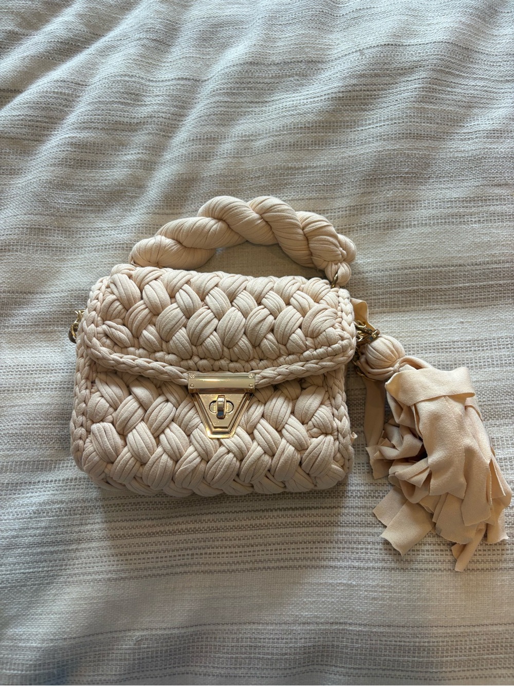 Braided Top-Handle Satchel in Soft Beige